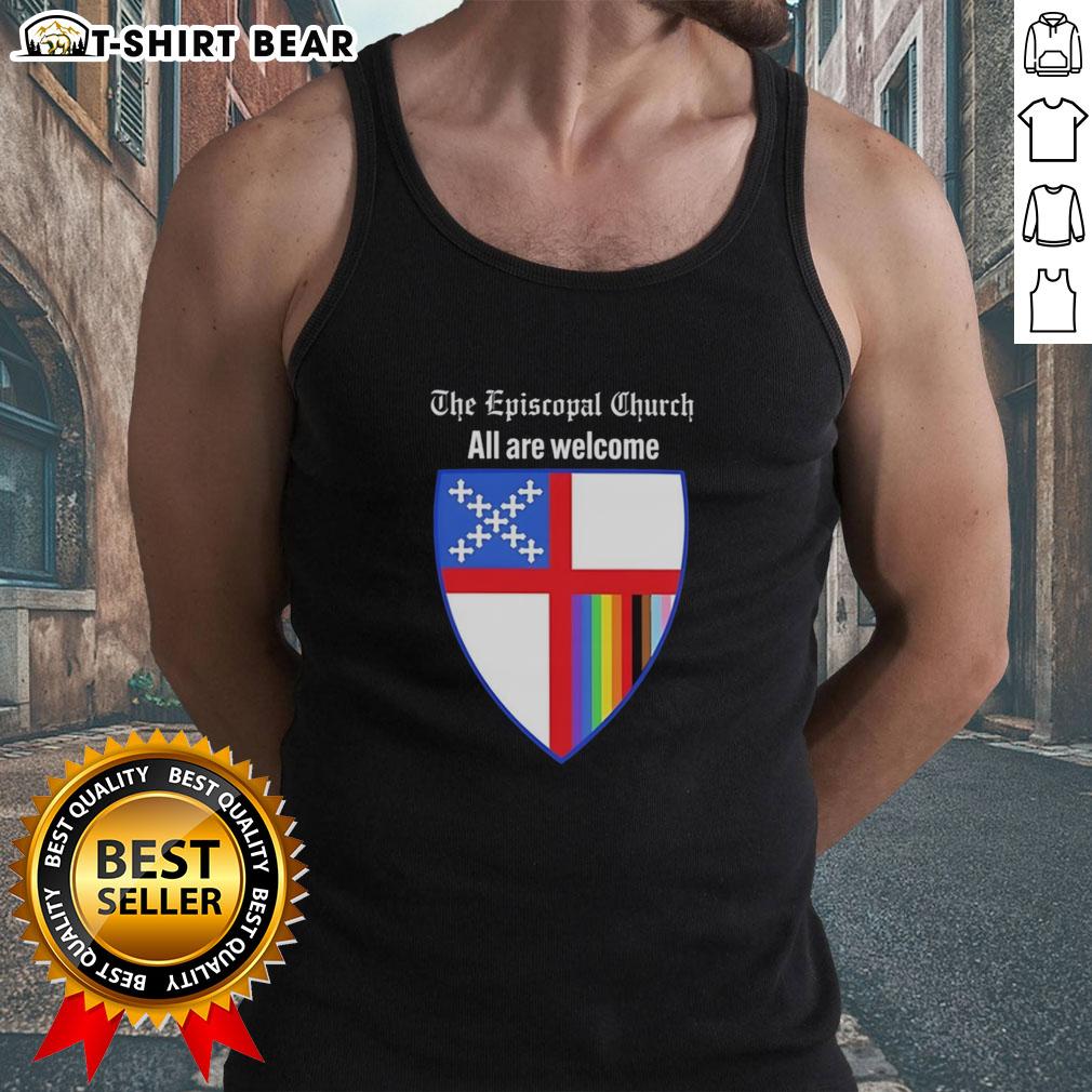 Nice The Episcopal Church 'All Are Welcome' badge on a stylish tank top, promoting inclusivity and community spirit.