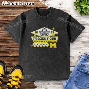 Official 2026 Men's Ice Hockey Frozen Four Bound Michigan Wolverines washed t-shirt featuring team logo and vibrant colors.