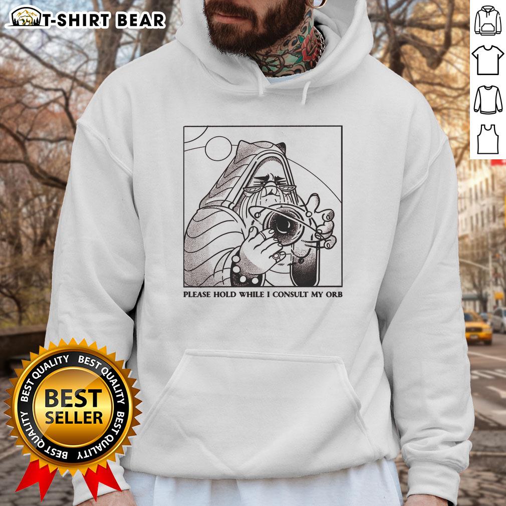 Official Please Hold While I Consult My Orb Hoodie featuring a whimsical design and cozy fabric for casual wear.