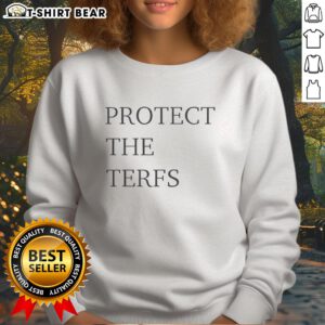 Official Protect The Terfs Sweatshirt in black, featuring bold white text promoting women's rights and gender identity.