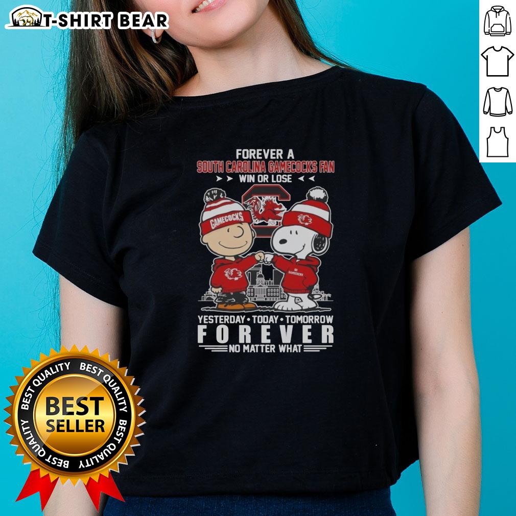 Alt Text: Official South Carolina Gamecocks Snoopy and Charlie Brown Forever a Fan Win or Lose Ladies Tee shirt design.