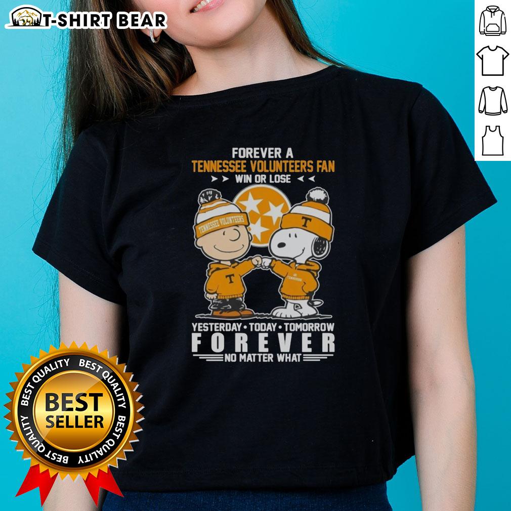 Official Tennessee Volunteers Snoopy and Charlie Brown Forever a Fan Win or Lose Ladies Tee shirt design.