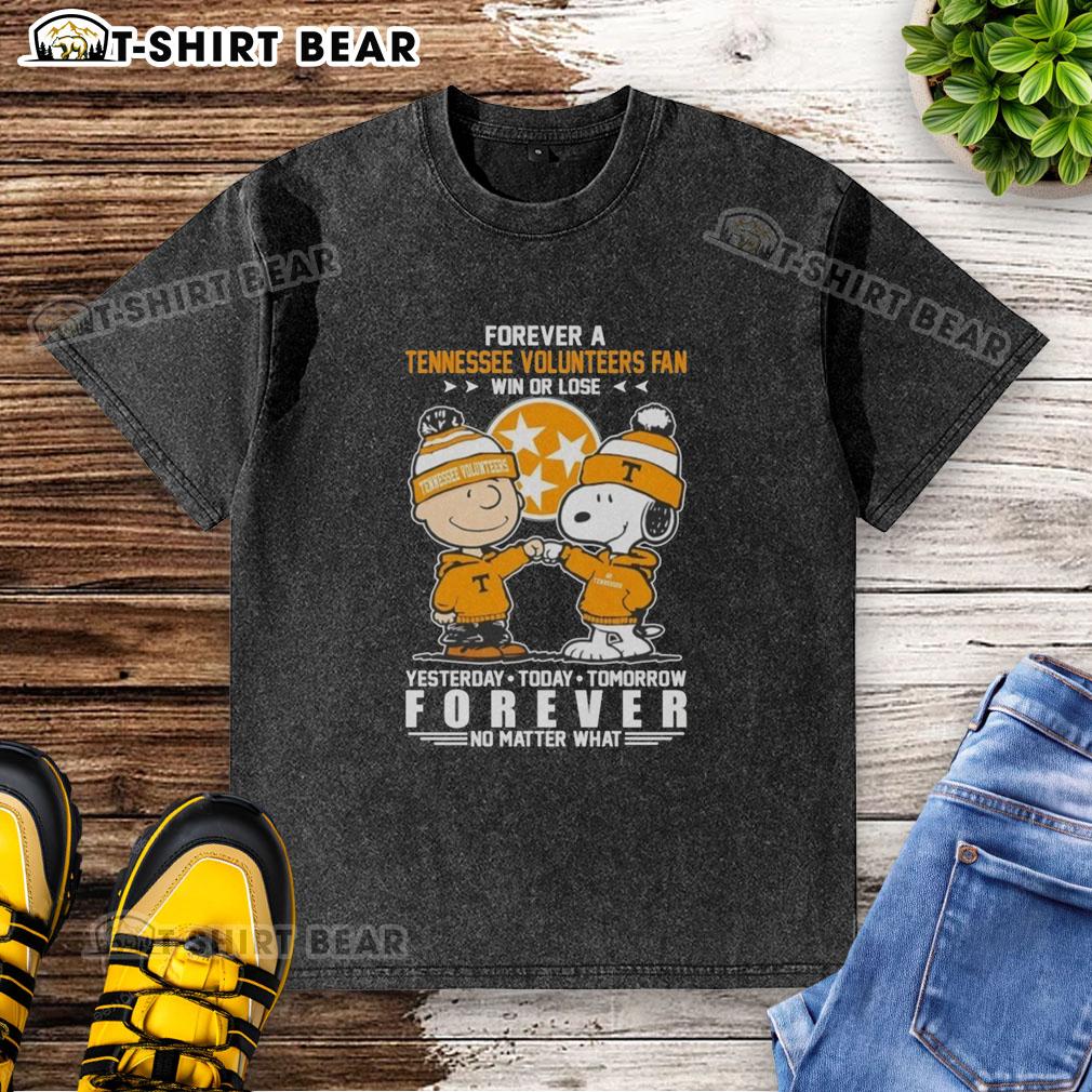 Alt Text: Official Tennessee Volunteers Snoopy and Charlie Brown Forever a Fan Win or Lose washed t-shirt design.