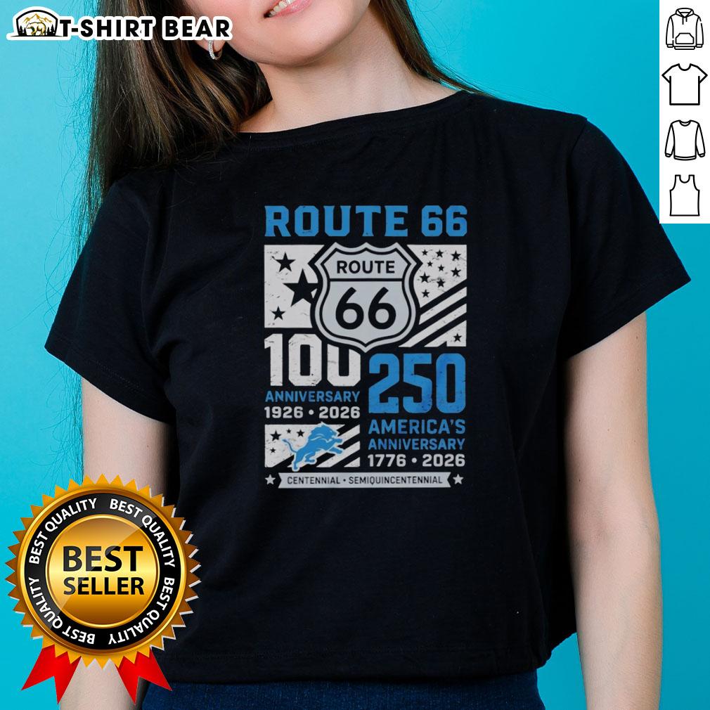 Original Detroit Lions Route 66 Centennial 100th Anniversary ladies tee celebrating 250th America anniversary.