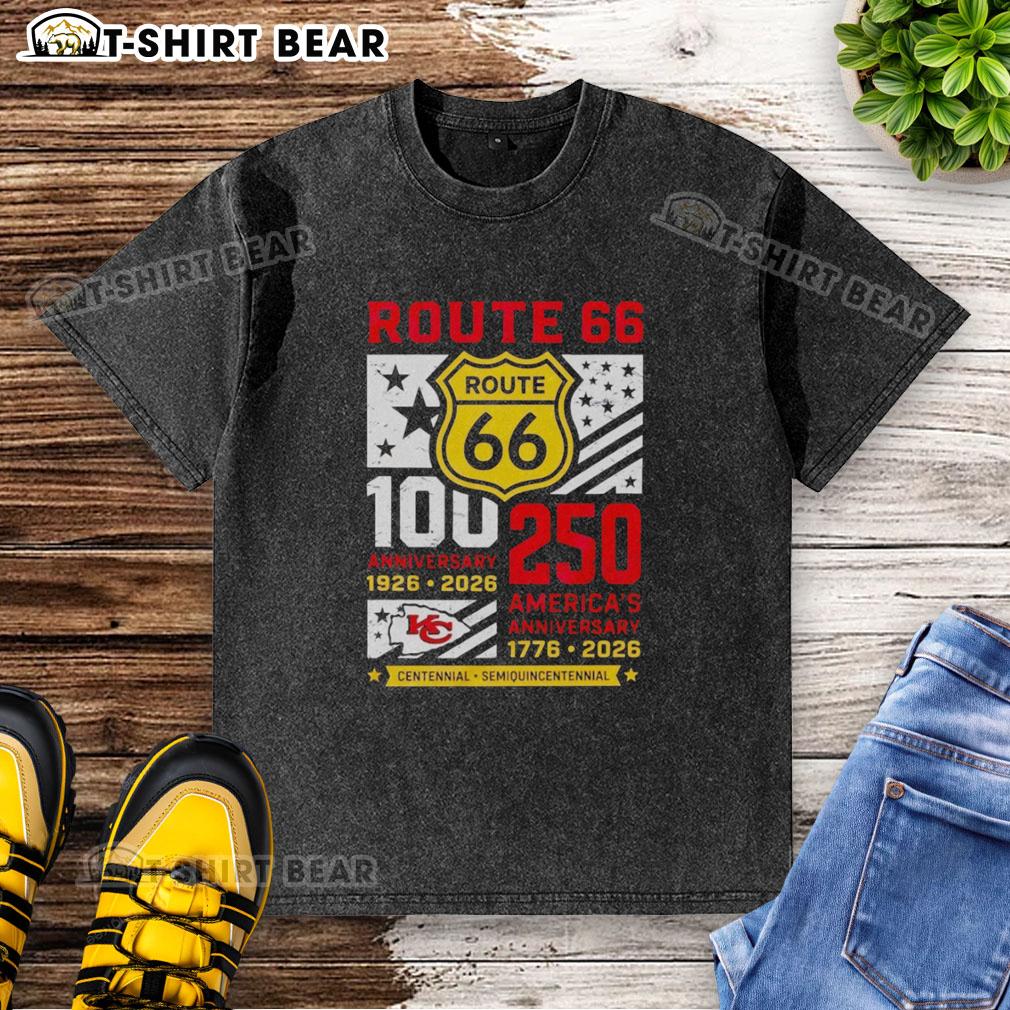 Alt Text: Original Kansas City Chiefs Route 66 Centennial 100th Anniversary 1926-2026 washed t-shirt in vibrant colors.