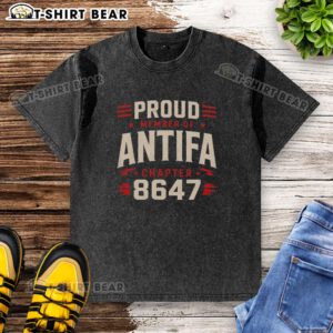 Original Proud Member of Antifa Chapter 8347 washed t-shirt featuring bold graphic and vibrant colors.