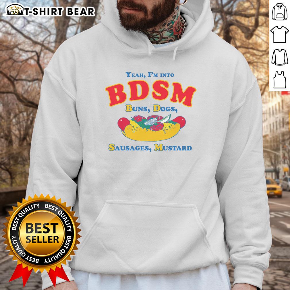 Original 'Yeah I'm Into BDSM' hoodie featuring buns, dogs, sausages, and mustard design, perfect for playful fashion.