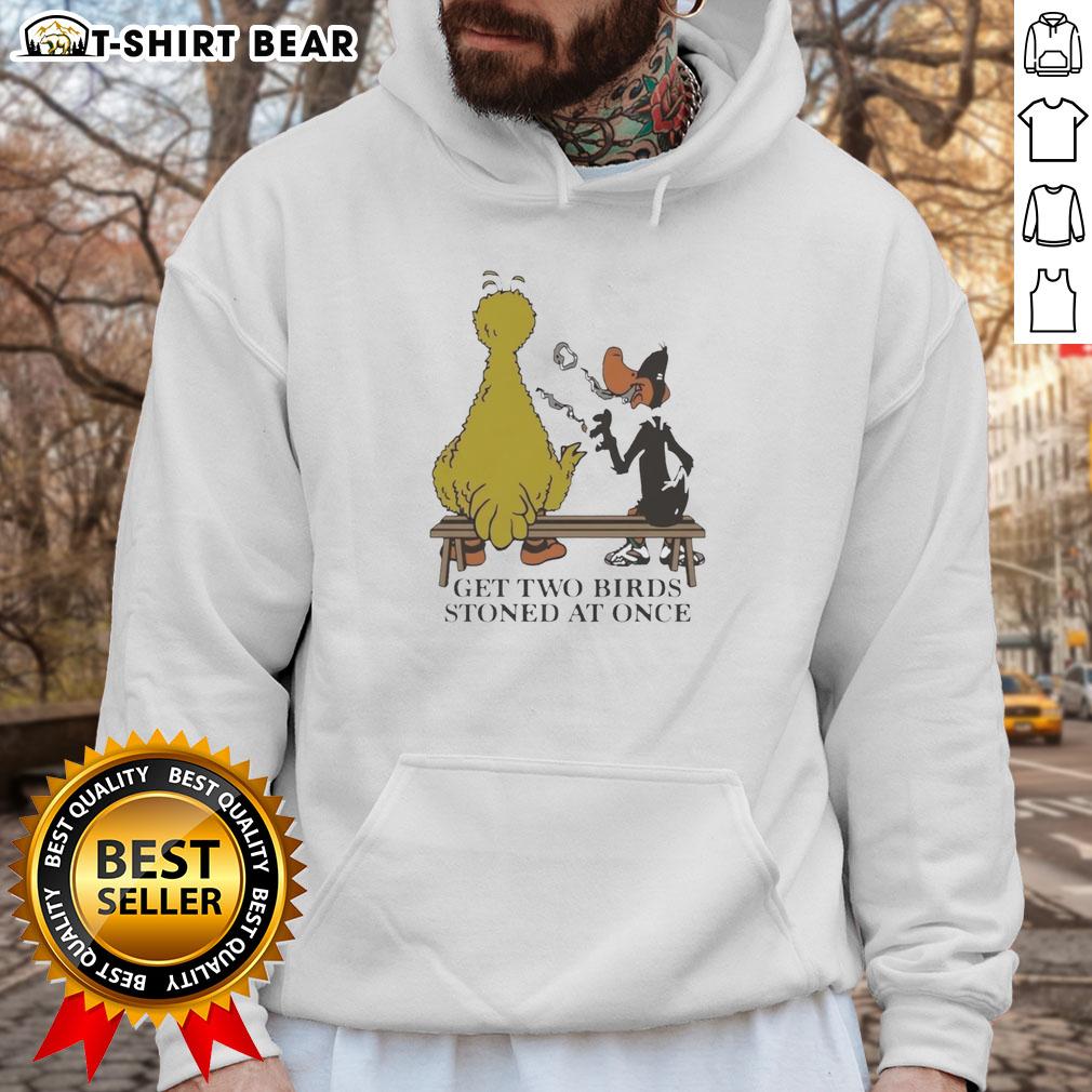 Premium Get Two Birds Stoned At Once Hoodie in black, featuring a stylish graphic design for casual wear.