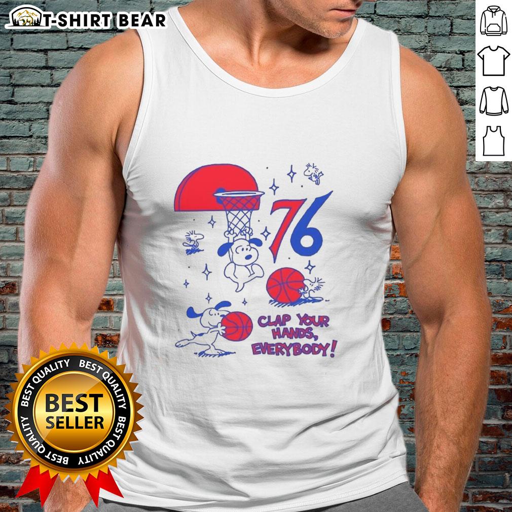 Premium Philadelphia 76ers X Snoopy and Woodstock tank top featuring playful graphics and a vibrant design for fans.