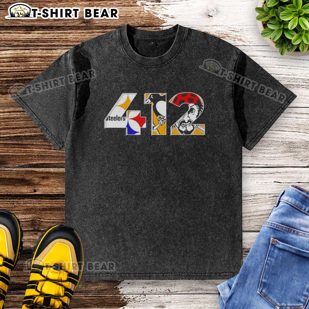 Pretty Pittsburgh Area Code 412 Sports Teams washed t-shirt featuring vibrant graphics celebrating local sports pride.