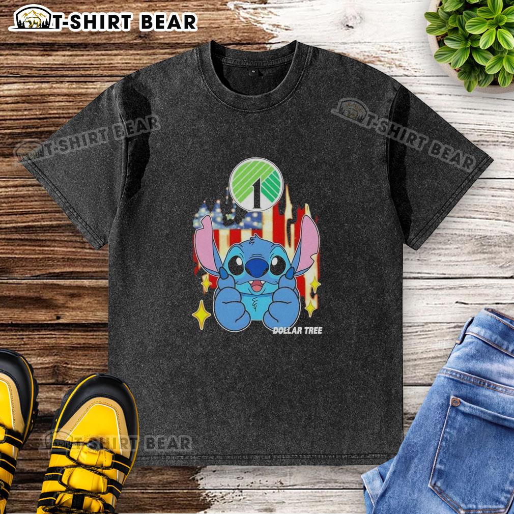 Alt Text: Pretty stitch-like Dollar Tree USA flag design on a washed t-shirt, perfect for patriotic celebrations and casual wear.