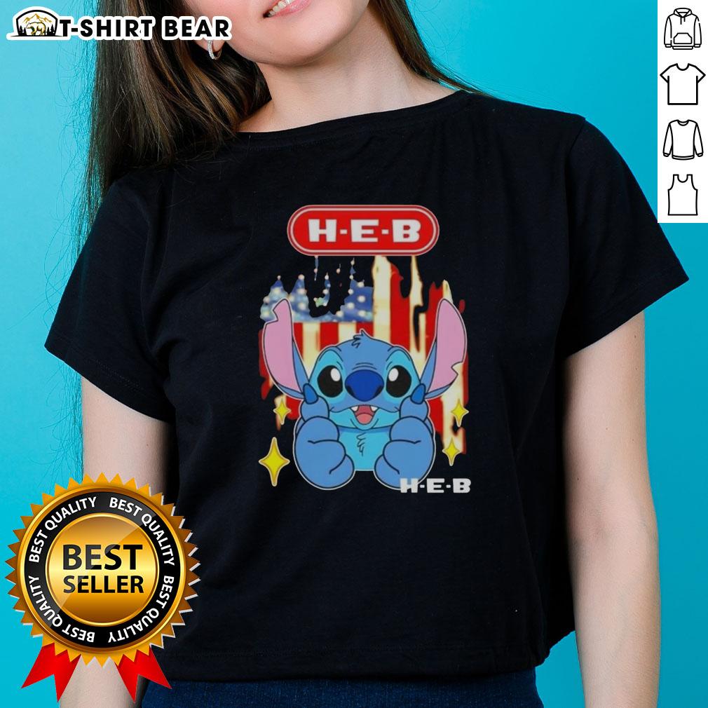 Pretty stitch-like H-E-B USA flag ladies tee featuring vibrant colors and stylish design for patriotic fashion.