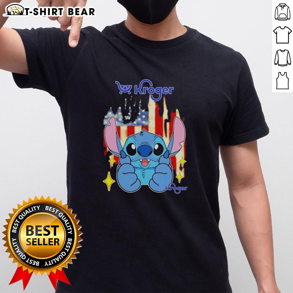 Alt Text: Pretty Stitch Kroger USA Flag T-Shirt featuring vibrant colors and patriotic design for casual wear.
