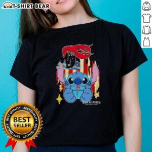 Pretty stitch-like red lobster design on USA flag ladies tee, perfect for patriotic summer celebrations.
