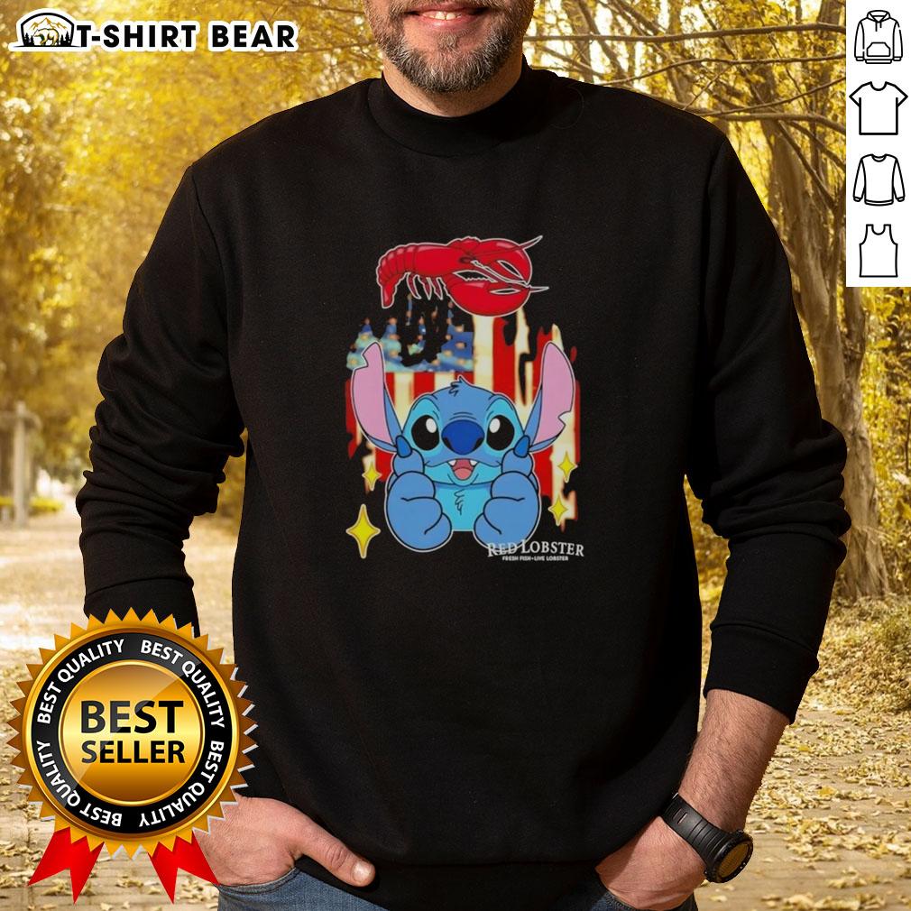 Alt Text: Red lobster USA flag sweatshirt with a pretty stitch-like design, perfect for casual wear and patriotic occasions.