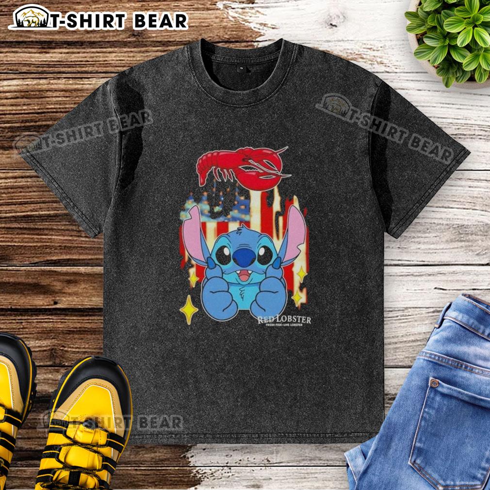 Alt Text: Pretty stitch-like red lobster USA flag washed t-shirt showcasing a vibrant design perfect for summer wear.