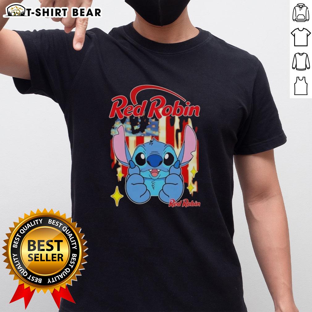 Alt Text: Pretty Stitch red robin USA flag t-shirt featuring a vibrant design perfect for patriotic celebrations.