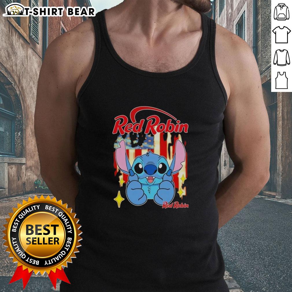 Alt Text: Stylish red robin tank top featuring a unique stitch pattern and USA flag design, perfect for patriotic summer wear.