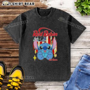 Alt Text: Pretty stitch-like red robin USA flag washed t-shirt featuring a vintage design and comfortable fit.