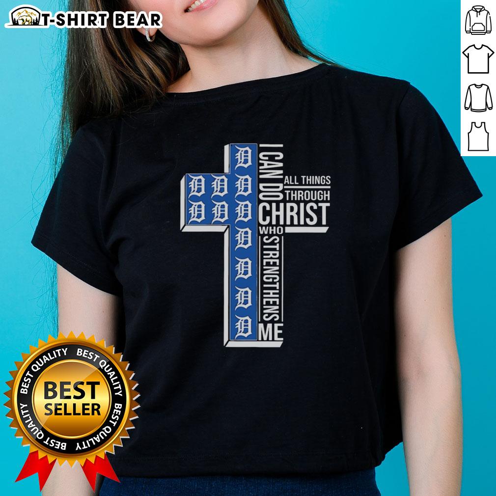 Detroit Tigers ladies tee featuring 'I Can Do All Things Through Christ Who Strengthens Me' design.