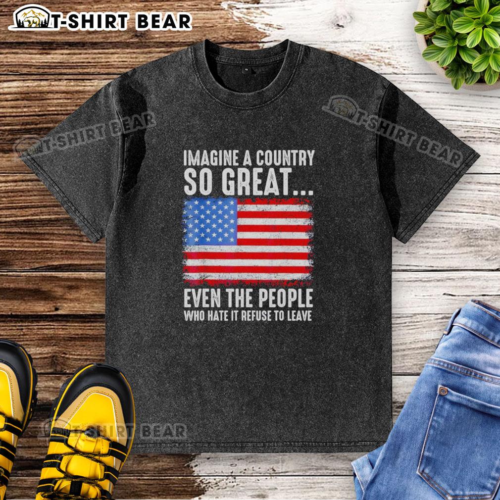 Retro washed t-shirt featuring American flag and slogan: 'Imagine a country so great, even haters stay.'