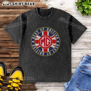 Top MG Car Badge logo on a stylish Best of British washed t-shirt, showcasing vintage automotive heritage.