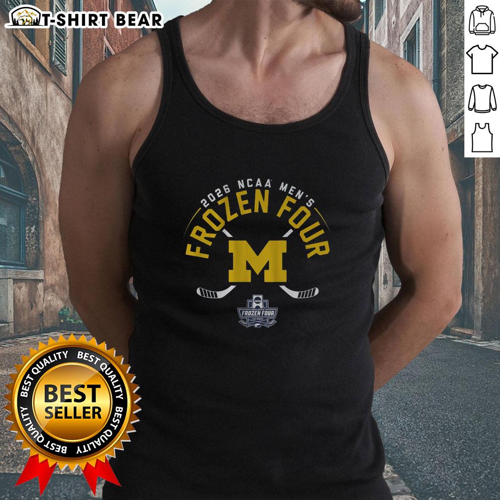 2026 Frozen Four tank top featuring Notre Dame Fighting Irish Golf Leprechaun design for Michigan men's hockey fans.