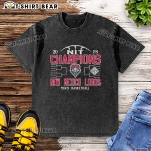 Top New Mexico Lobos men's basketball NIT champions 2026 washed t-shirt featuring team logo and vibrant design.