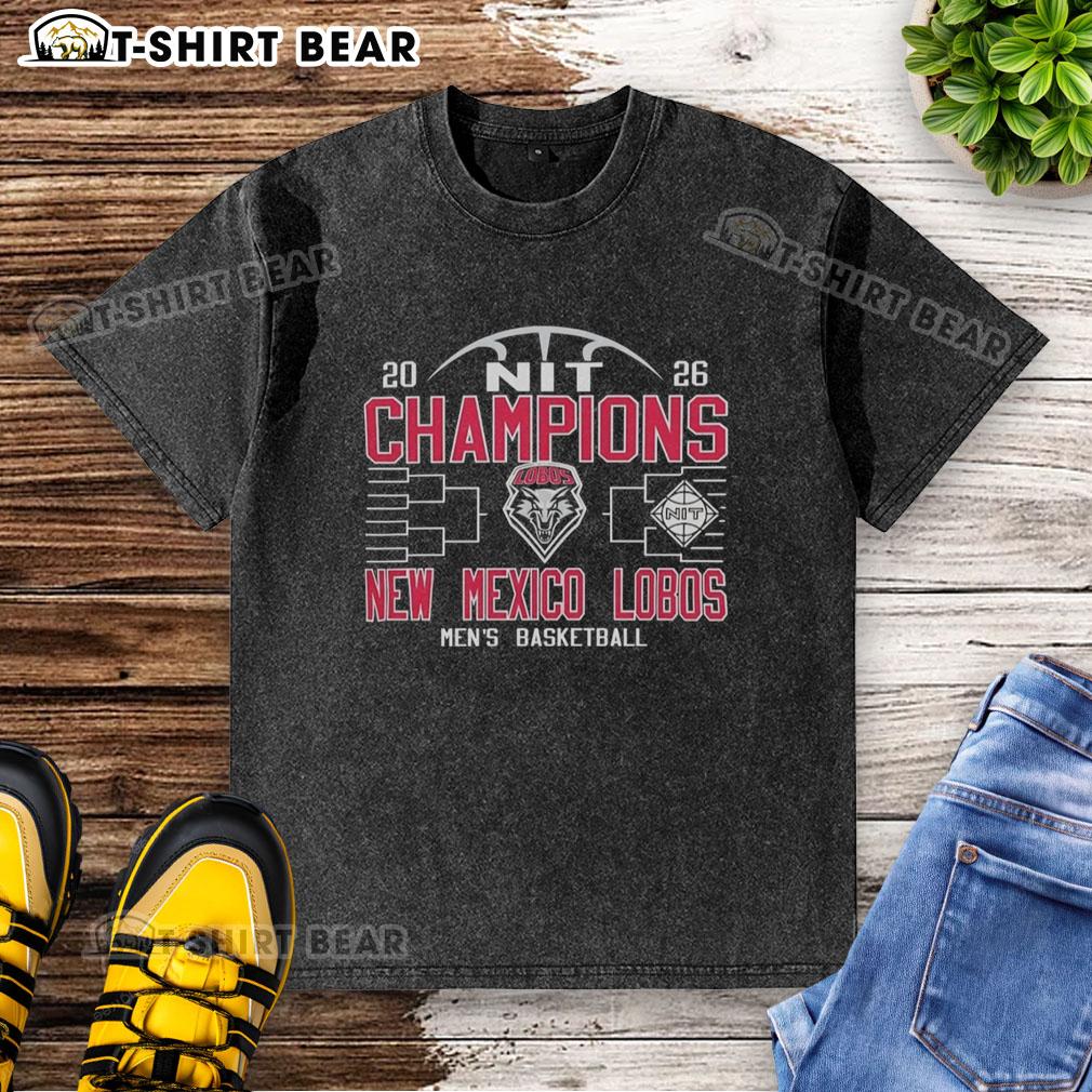 Top New Mexico Lobos men's basketball NIT champions 2026 washed t-shirt featuring team logo and vibrant design.