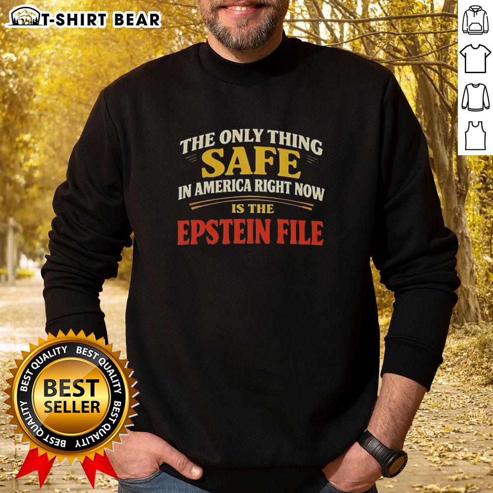 Top view of 'The Only Thing Safe in America Right Now is The Epstein File' sweatshirt, showcasing its bold design and message.