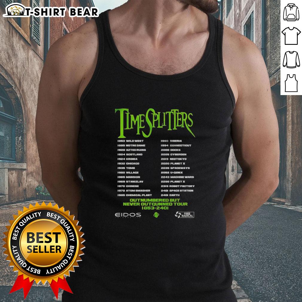 Top Timesplitters Outnumbered But Never Outgunned tour tank top featuring vibrant graphics and bold design for fans.