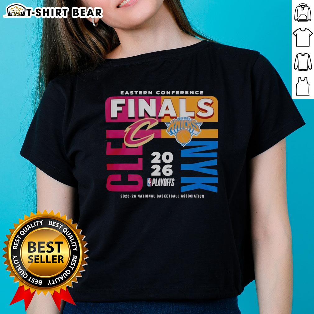 Alt Text: Cleveland Cavaliers vs New York Knicks 2025-26 Eastern Conference Finals Ladies Tee showcasing team spirit.