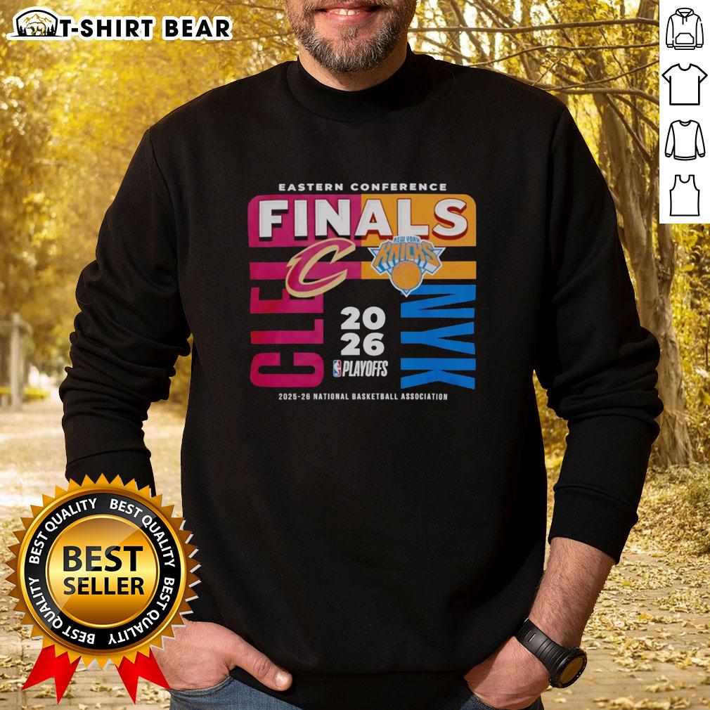 Awesome 2025-26 NBA Eastern Conference Finals sweatshirt featuring Cleveland Cavaliers vs New York Knicks design.