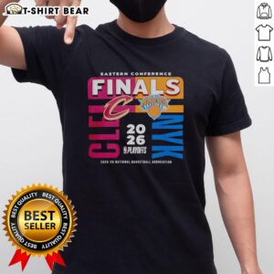 Alt Text: Awesome 2025-26 Eastern Conference Finals NBA Cleveland Cavaliers vs New York Knicks T-Shirt design featuring team logos.