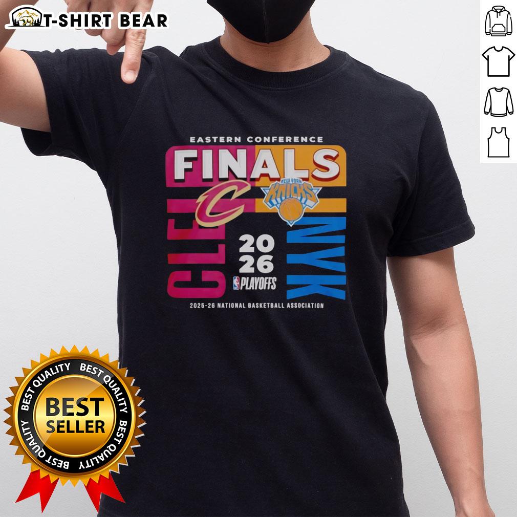 Alt Text: Awesome 2025-26 Eastern Conference Finals NBA Cleveland Cavaliers vs New York Knicks T-Shirt design featuring team logos.