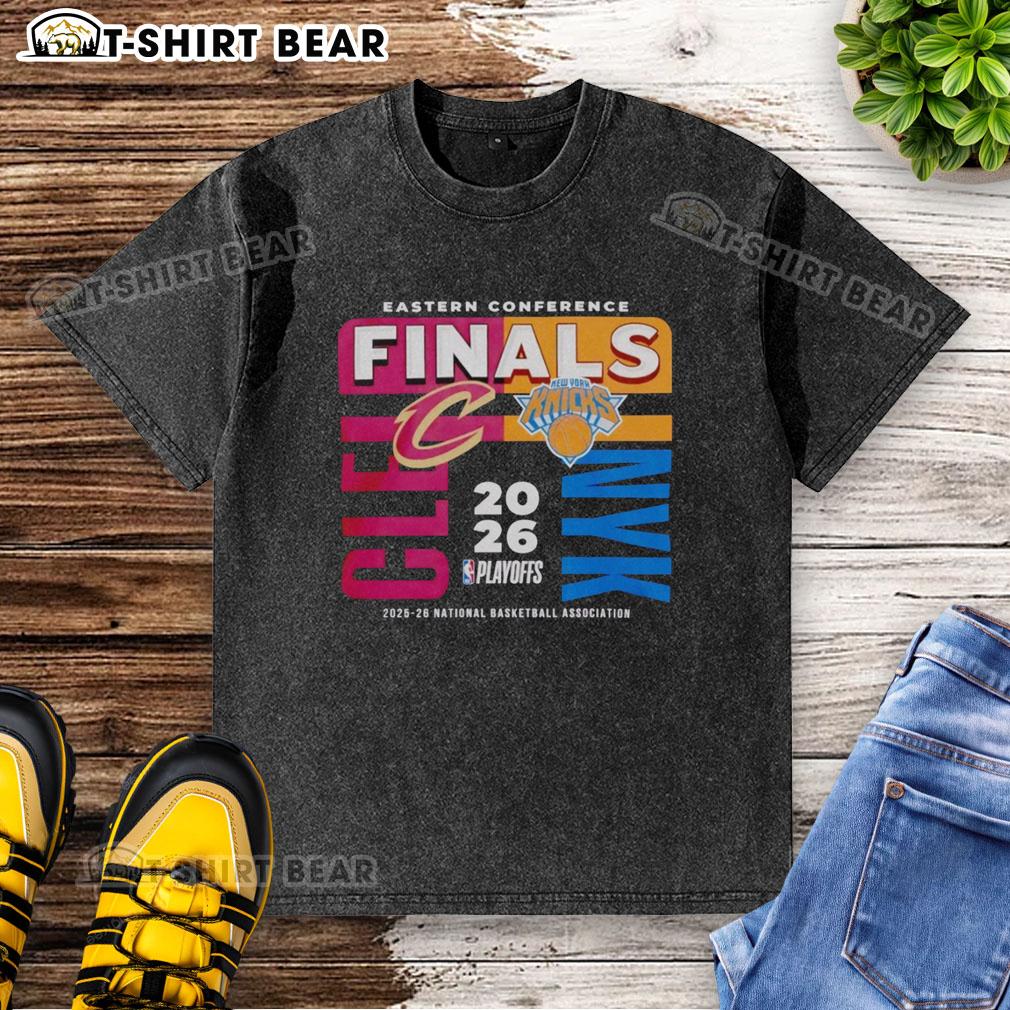 Alt Text: 2025-26 NBA Eastern Conference Finals washed t-shirt featuring Cleveland Cavaliers vs New York Knicks design.