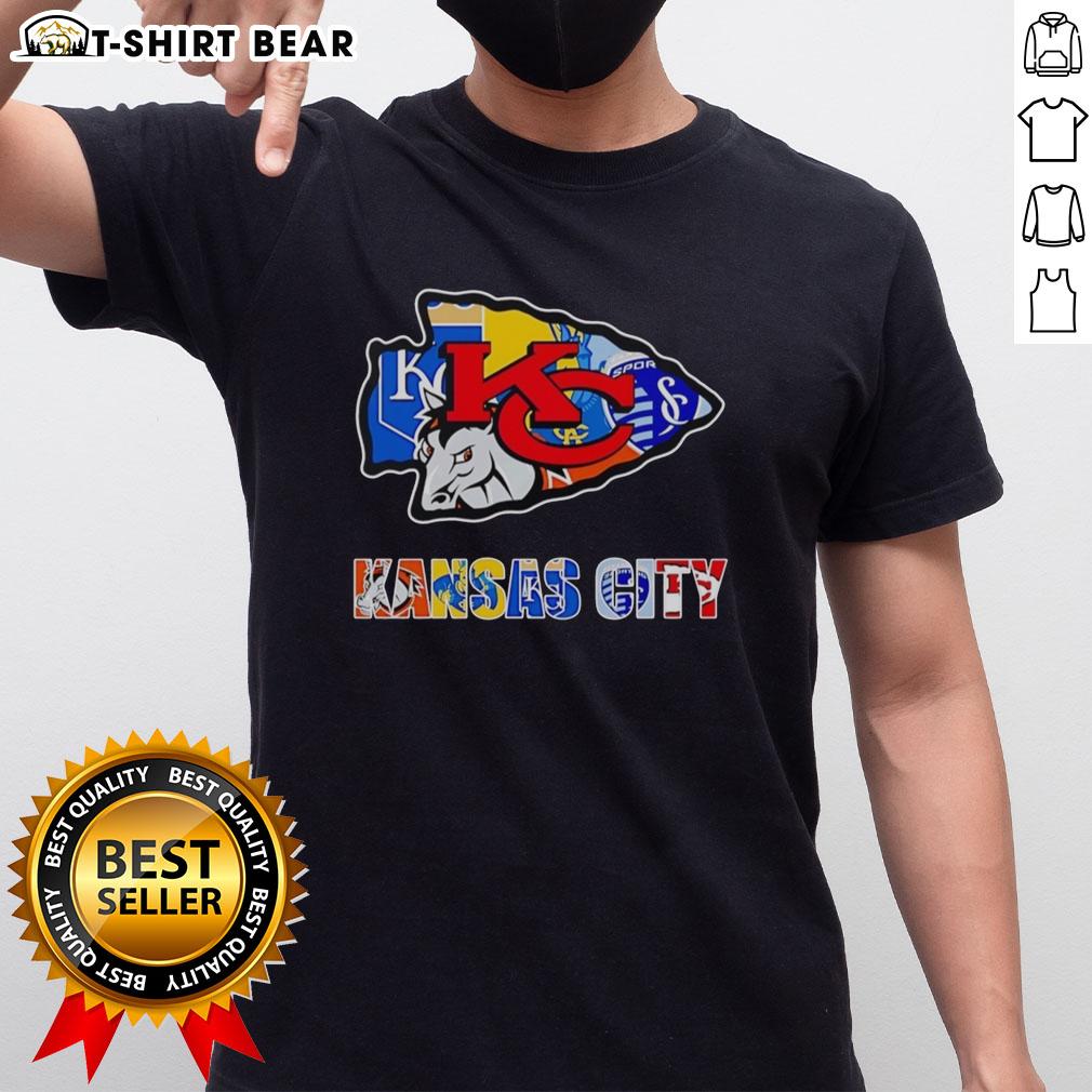 Alt Text: Awesome Kansas City Chiefs Kansas City Royals Sporting Kansas City logo mashup t-shirt design showcasing team pride.