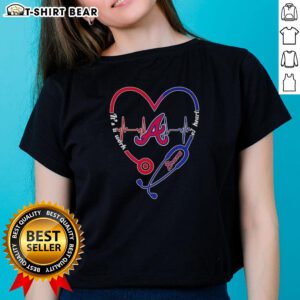 Hot Atlanta Braves stethoscope heartbeat ladies tee, showcasing a stylish design perfect for baseball fans and healthcare professionals.