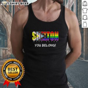 Nice Shelton Washington You Belong rainbow tank top displayed on a hanger, perfect for summer fashion and vibrant style.