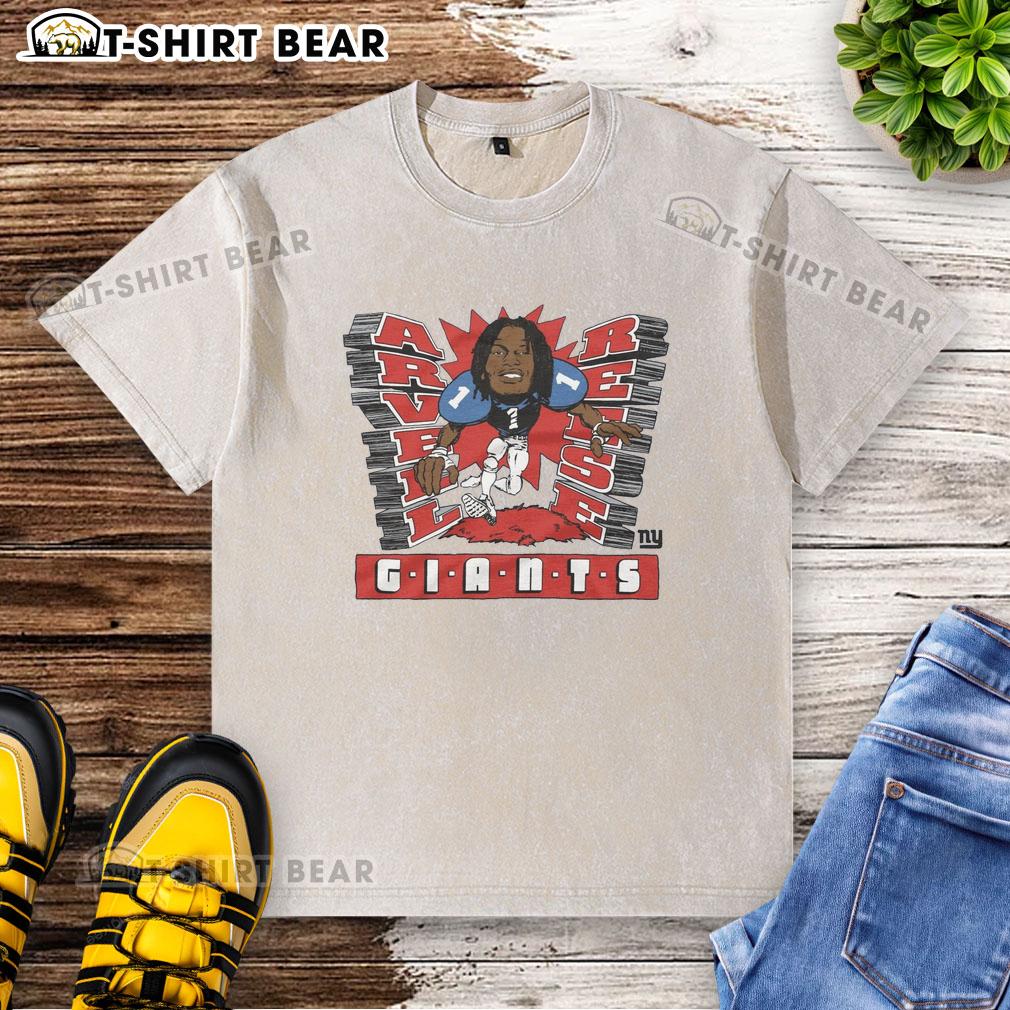 Pretty New York Giants Arvell Reese washed t-shirt in blue, showcasing team logo and stylish design for fans.