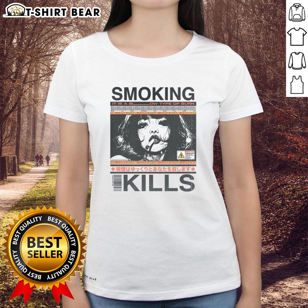 Retro manga anime graphic style ladies tee featuring 'Pretty Smoking Kills' design, vibrant colors and unique artwork.