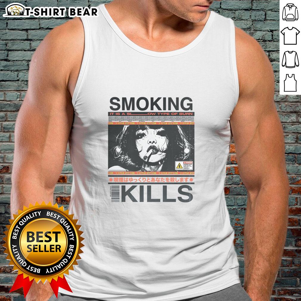 Retro manga anime graphic style tank top featuring 'Pretty Smoking Kills' design, perfect for anime and streetwear fans.