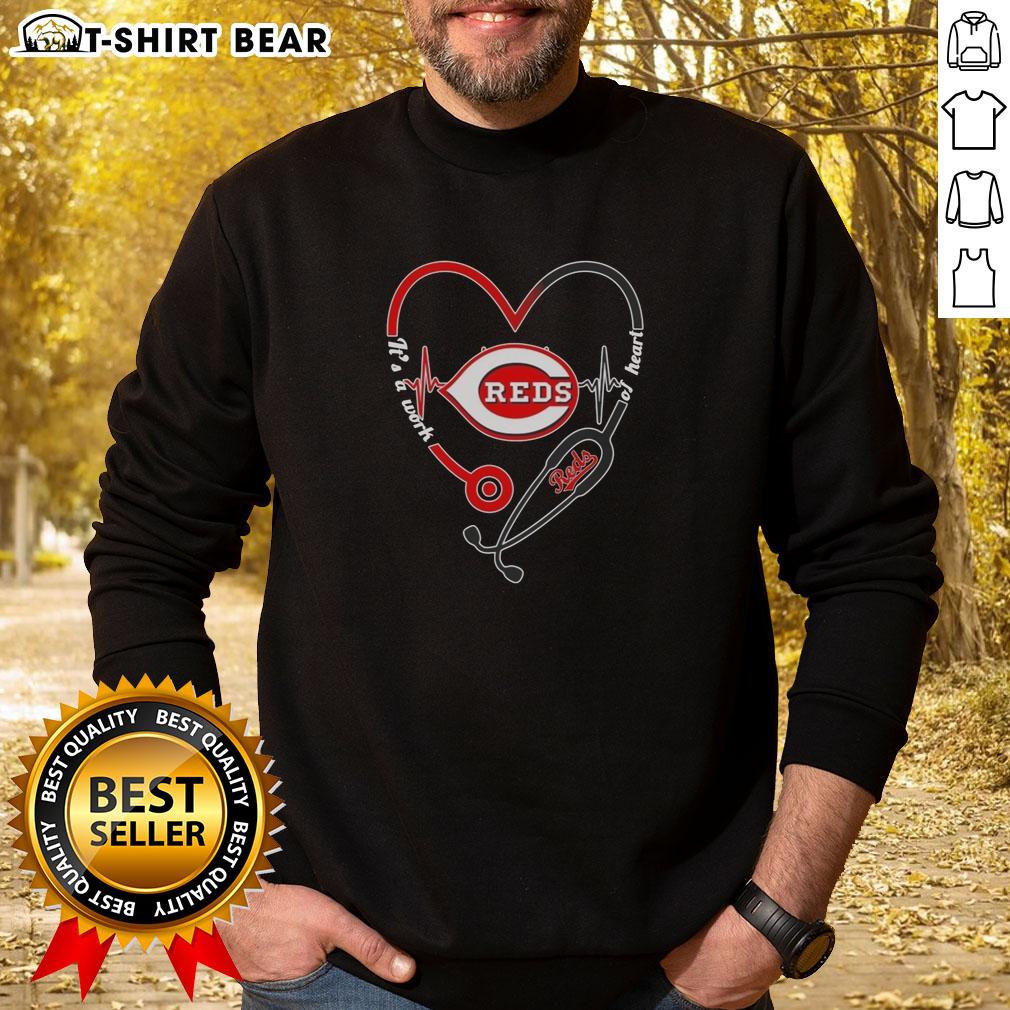 Alt Text: Cincinnati Reds sweatshirt featuring a stethoscope and heartbeat design, celebrating passion for baseball and teamwork.