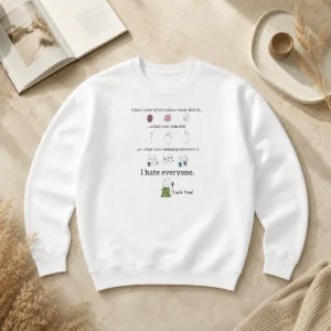 Funny I Don'T Care What Colour Your Skin Is I Hate Everyone sweater in black with bold white text on front