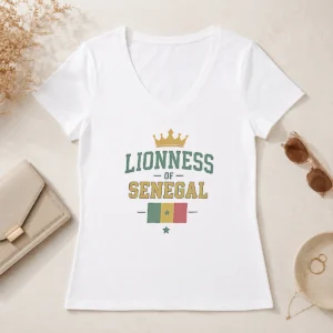 Funny Lioness Of Senegal Flag And Crown National V Neck Shirt showing vibrant colors and clear print on soft fabric