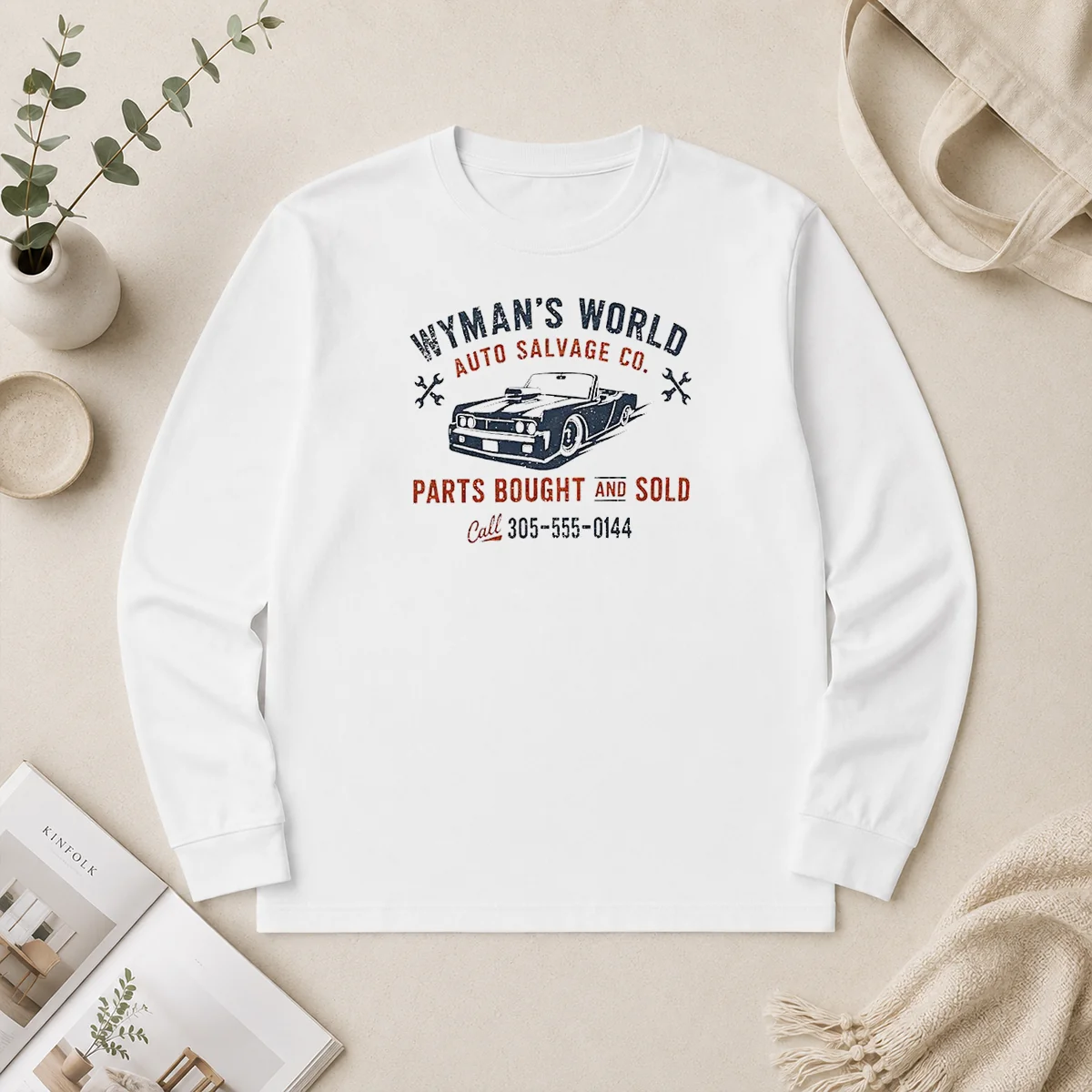 Funny Wymans World Auto Salvage Co Long Sleeve Shirt Funny Wymans World Auto Salvage Co long sleeve shirt with vintage auto salvage graphic in blue and white