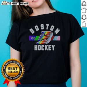 Good Boston Fleet Hockey Pride Month Ladies Shirt featuring vibrant colors celebrating Pride Month.