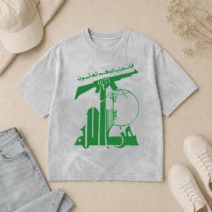 Nice Flag Of Hezbollah Washed T Shirt showing a soft, vintage-style fabric with a faded print