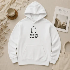 Nice One Day I Will Fly Hoodie in charcoal gray, front view with kangaroo pocket and drawstring hood