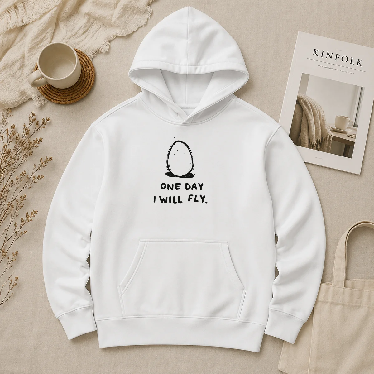 Nice One Day I Will Fly Hoodie Nice One Day I Will Fly Hoodie in charcoal gray, front view with kangaroo pocket and drawstring hood
